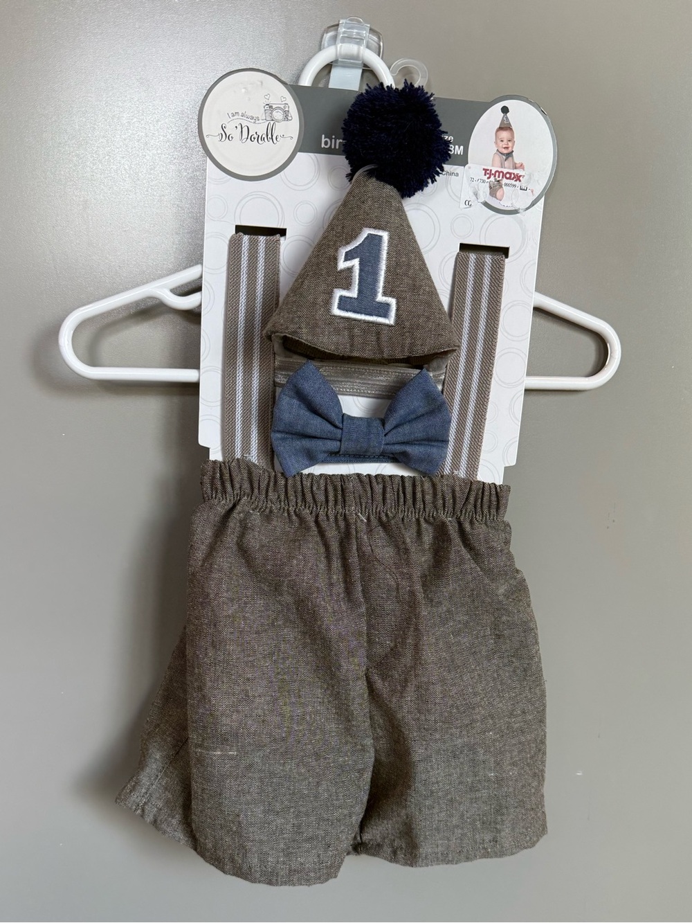 T.J.Maxx Gray Pom-Pom First Birthday Hat & Blue Bowtie Set